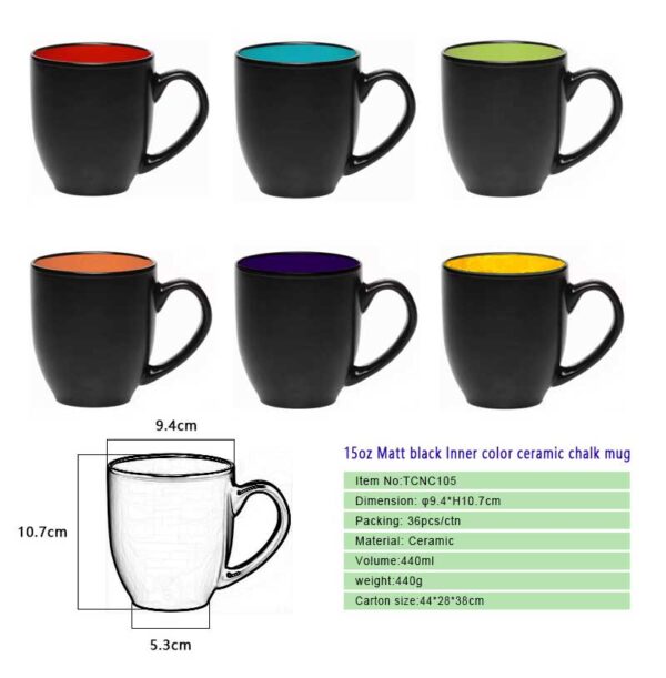 15oz Matt black Inner color ceramic chalk mug - Image 2